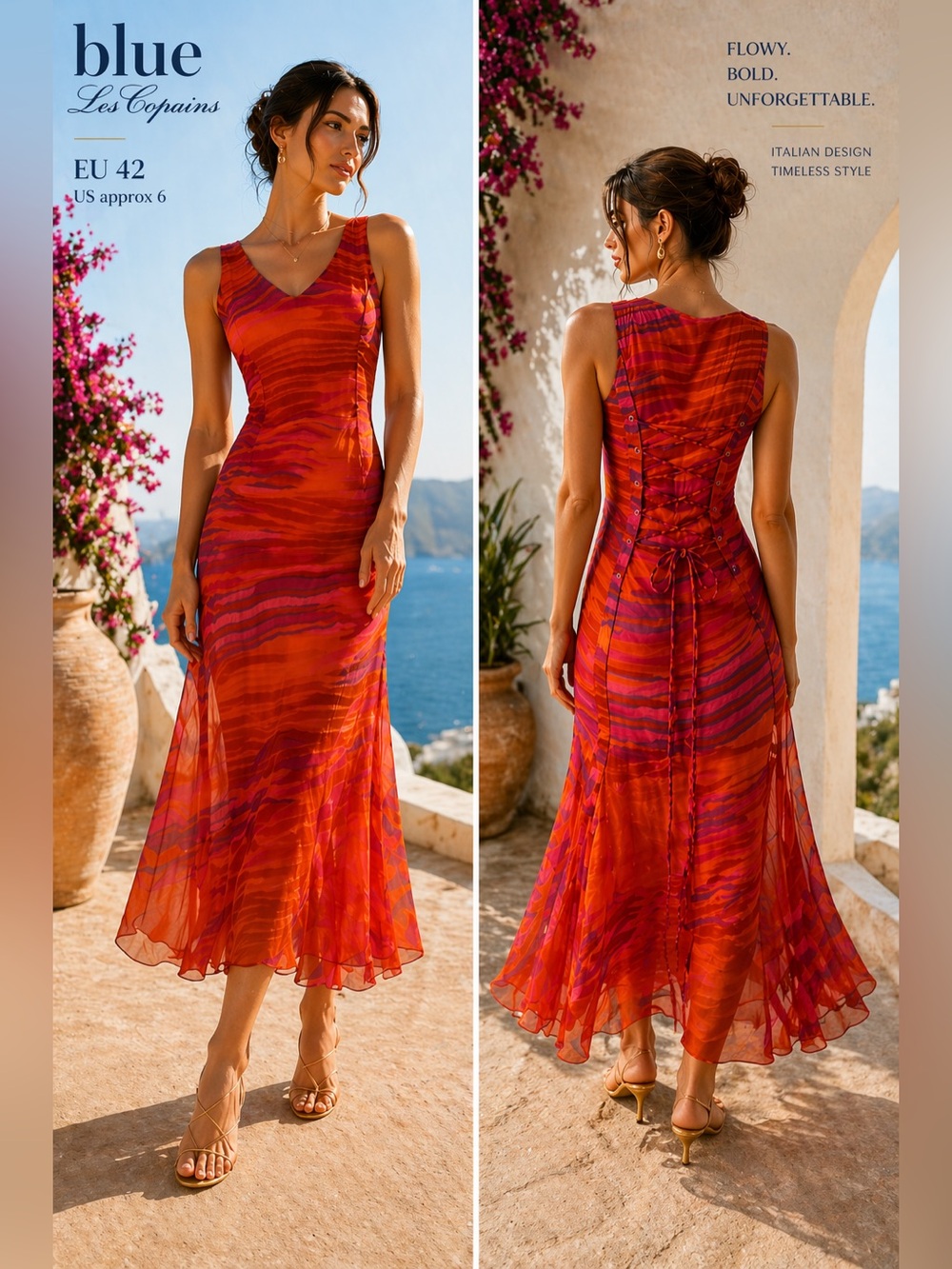 Blue Les dress sz 6  maxi Silk Chiffon Lace Back Orange Purple statement guest